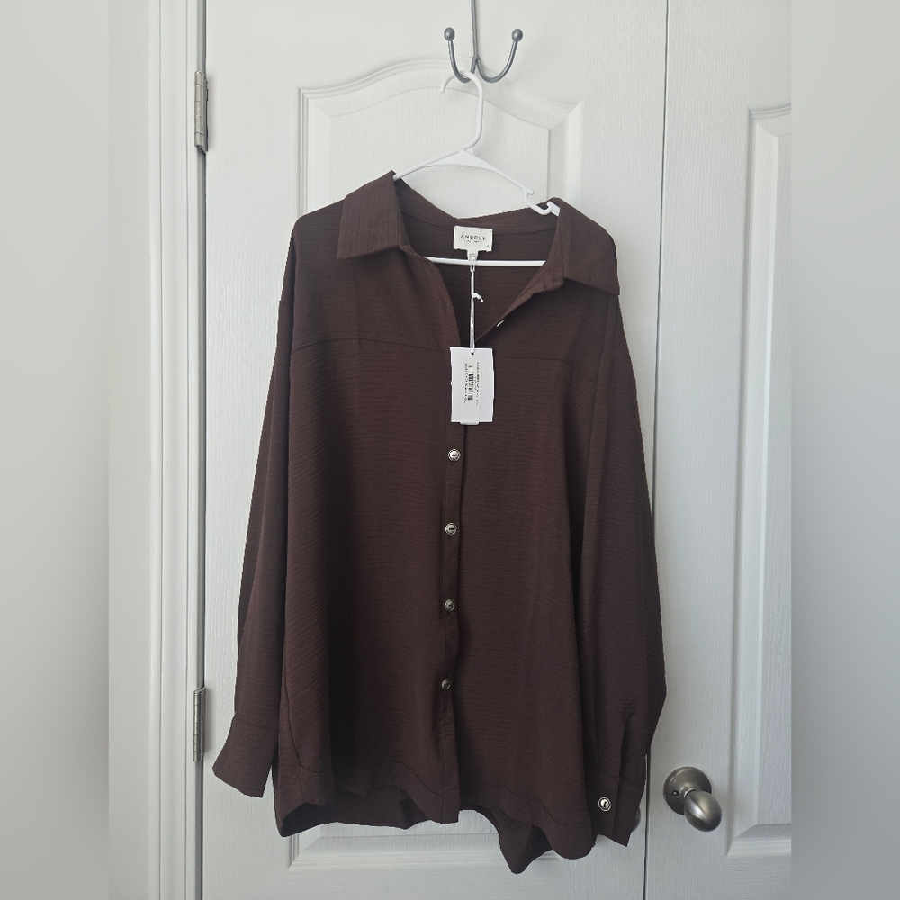 Andree Oversized Brown Button-Up Shirt Size 1x Nwt